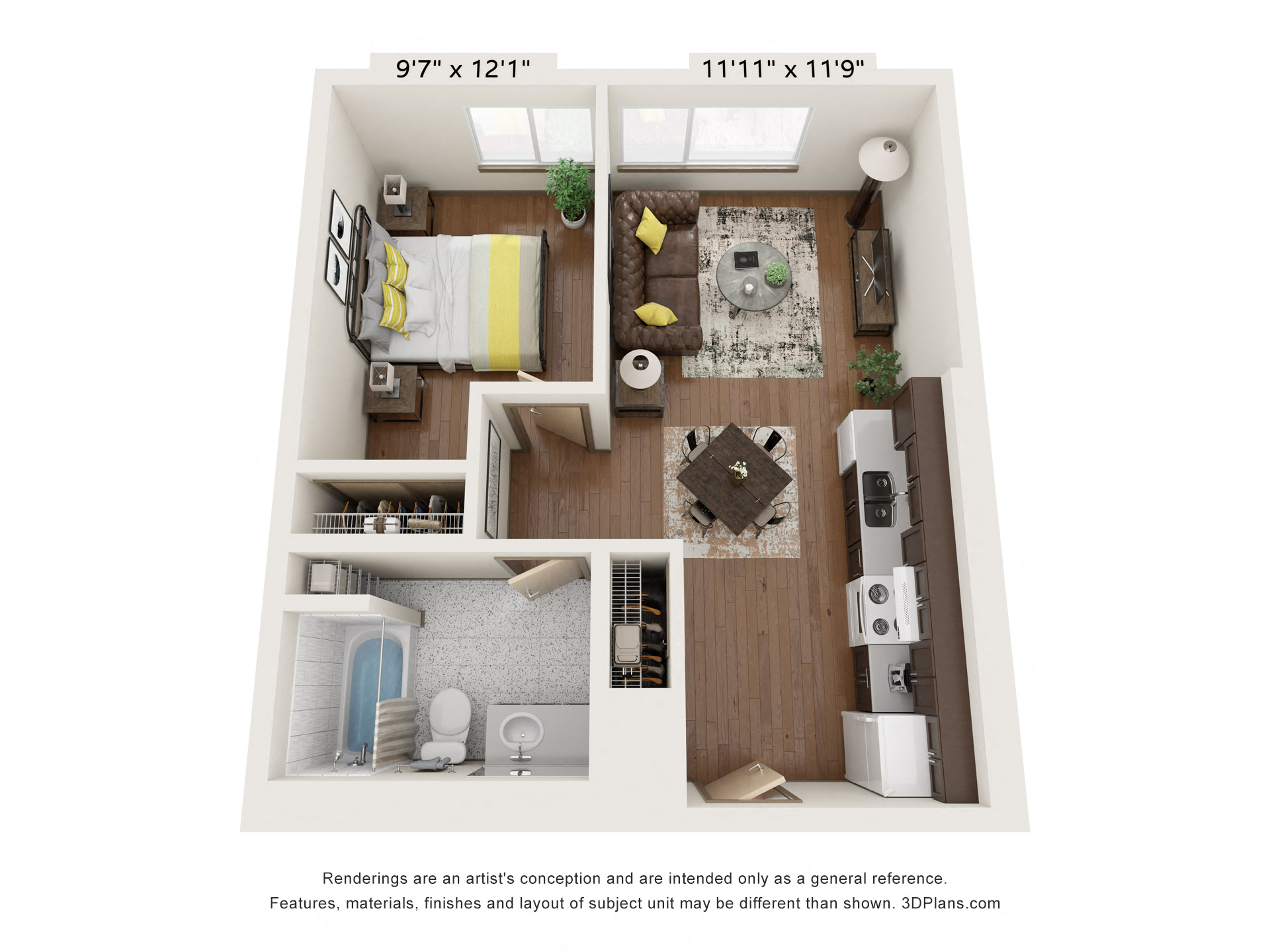 Floor plan for 1 bed, 1 bath, 533 sqft